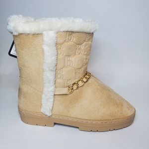 BEBE Girls Chain Faux Fur Lined Boots Quilted Logo Microsuede NWT